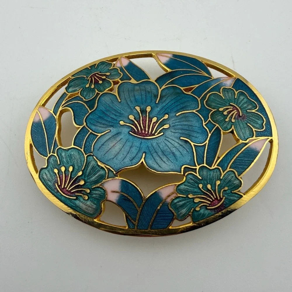 Cloisonne Floral Scarf Slide Teal Gold Tone Excellent Vintage Enamel